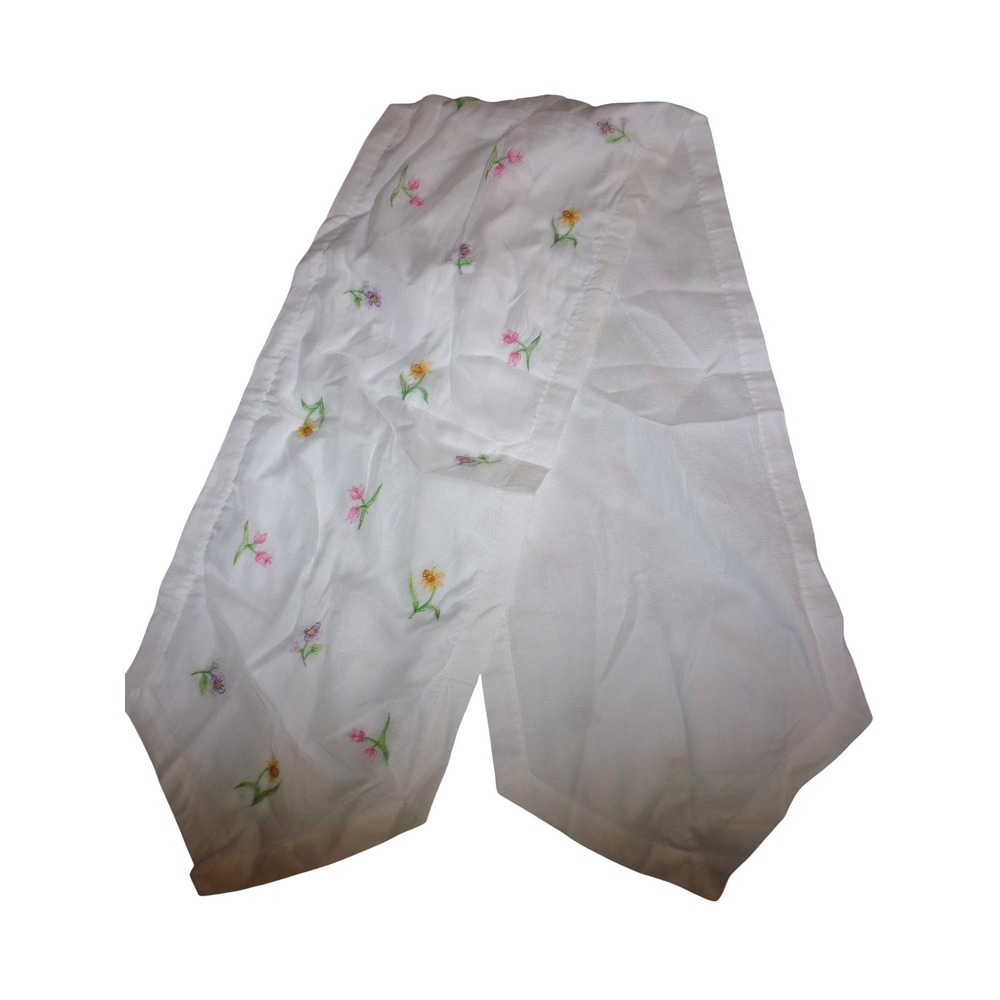 Vintage White Linen Table Runner Embroidered Floral Sprigs Daffodils 13x64"